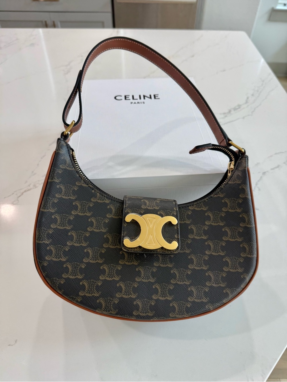 Brown Canvas Shoulder Bag with Gold Hardware